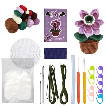 DIY Pot Plant Crochet Kits for Beginners, including Polyester Yarn, Fiberfill, Crochet Needle, Yarn Needle, Support Wire, Stitch Marker, Mixed Color, Package Size: 23x16.8cm