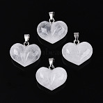 Natural Quartz Crystal Chunky Pendants, Heart Charms, with 304 Stainless Steel Snap on Bails, Stainless Steel Color, 17~18x20~20.5x11~12mm, Hole: 5.5~6x2.5~3.5mm(G-T143-19A)