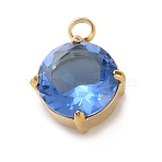 304 Stainless Steel Micro Pave Cubic Zirconia Pendants, Flat Round Charms, Deep Sky Blue, 10.5x8x4.5mm, Hole: 1.8mm(STAS-K292-01G-12)