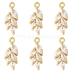 6Pcs Brass Micro Pave Clear Cubic Zirconia Pendants, Leaf Charm, Light Gold, 17x7x3.5mm, Hole: 1.2mm(ZIRC-YW0001-23)