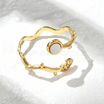 Leaf & Flat Round 304 Stainless Steel White Shell Cuff Rings for Women, Ion Plating(IP), Real 18K Gold Plated, US Size 8 1/2(18.5mm)(RJEW-G346-01G-02)