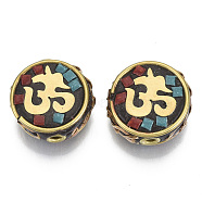 Handmade Indonesia Beads, with Brass Findings, Flat Round with Om Symbol, Golden, Colorful, 16~17x16x6.5mm, Hole: 2mm(IPDL-S054-001)