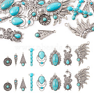 Pandahall 16Pcs 8 Styles Synthetic Turquoise Alloy Pendants, Vintage Charms, Antique Silver, Wing & Cauldron & Teardrop & Feather, Mixed Patterns, 24~58x9~33mm, 2pcs/style(FIND-TA0002-57)