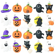 40Pcs 10 Styles Opaque Resin Pendants, Halloween Charms, with Platinum Tone Iron Loops, Ghost & Pumpkin & Witch Hat, Mixed Shapes, Mixed Color, 23~25.5x16~22x5~8mm, Hole: 2mm, 4pcs/style(RESI-CJ0002-89)