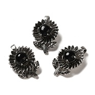 Natural Obsidian Pendants, Rack Plating Antique Silver Tone Brass Flower Charms, Cadmium Free & Lead Free, 34x22x10mm, Hole: 7.5x3.5mm(G-A095-03AS-01)