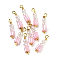 ABS Plastic Imitation Pearl Pendants, with Real 18K Gold Plated Brass Loops and Glass Seed Beads, Pearl Pink, 15.5~16x3.5x3.5mm, Hole: 1.6mm(KK-C046-03C)