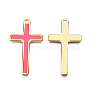 304 Stainless Steel Enamel Pendants, Real 18K Gold Plated, Cross, Hot Pink, 40x22x1.5mm, Hole: 2mm(STAS-N092-162C)