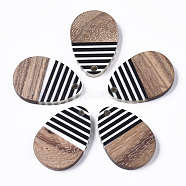 Resin & Walnut Wood Pendants, Opaque, Waxed, Teardrop, Black, 24.5x17x3.5mm, Hole: 2mm(X-RESI-T035-12)