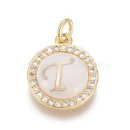 Brass Micro Pave Cubic Zirconia Pendants, with Shell, Long-Lasting Plated, Lead Free & Cadmium Free & Nickel Free, Real 18K Gold Plated, Flat Round with Letter, Clear, Letter.T, 16x13.5x3mm, Hole: 3mm(X-ZIRC-L078-043T-NR)