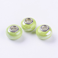 Rondelle Green Yellow Handmade Porcelain Large Hole European Beads, with Silver Color Brass Double Cores, 15x11mm, Hole: 5mm(X-OPDL-G001-13)