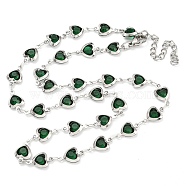 304 Stainless Steel & Glass Heart Link Chain Necklaces, Stainless Steel Color, Green, 16.38 inch(41.6cm)(NJEW-P315-03P-05)