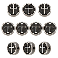 10Pcs 304 Stainless Steel Beads, Flat Round with Cross, Antique Silver, 11x4.5mm, Hole: 2mm(STAS-UN0047-96)