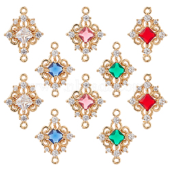 10Pcs 5 Colors Brass Pave Clear Cubic Zirconia & Glass Hollow Rhombus Connector Charms, Light Gold, Mixed Color, 21x15x4.5mm, Hole: 1.3mm, 2pcs/color(KK-HS0015-56)