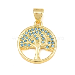 Brass Micro Pave Sky Blue Cubic Zirconia Pendants, Tree of Life Charms, Real 18K Gold Plated, 18x15.5x2mm, Hole: 4mm(CU-CBA4A93-02A-G)