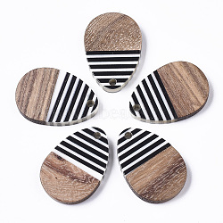 Resin & Walnut Wood Pendants, Opaque, Waxed, Teardrop, Black, 24.5x17x3.5mm, Hole: 2mm(X-RESI-T035-12)