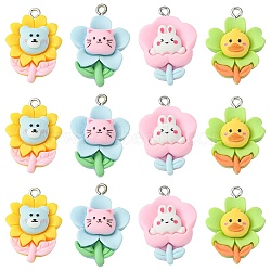 40Pcs 4 Styles Opaque Resin Pendants, Animal Flower Charm, with Platinum Tone Iron Loops, Mixed Color, 25~27.5x18~19.5x7~8.5mm, Hole: 2mm, 10pcs/style(RESI-CJ0002-85)