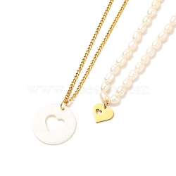 Heart Pendant Necklaces Set for Girl Women, Natural Pearl Beads Necklaces, 304 Stainless Steel Curb Chain Necklaces, Golden, White, 18.07 inch(45.9cm), 15.31 inch(38.9cm), 2pcs/set(NJEW-JN03682)