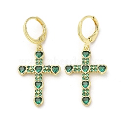 Cross Real 18K Gold Plated Brass Dangle Leverback Earrings, with Cubic Zirconia and Glass, Green, 39x17.5mm(EJEW-L268-036G-01)