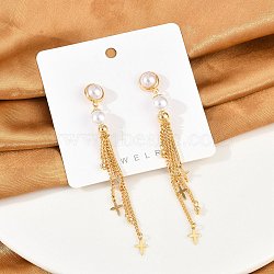 Brass ABS Plastic Pearl Tassel Stud Earrings, Cross, Real 18K Gold Plated, 89.5x10mm(EJEW-U040-15G)