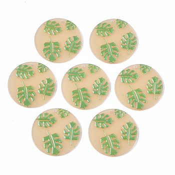 Cellulose Acetate(Resin) Pendants, Tropical Leaf Charms, 3D Printed, Flat Round, Monstera Leaf Pattern, PeachPuff, 38.5x2.5mm, Hole: 1.5mm