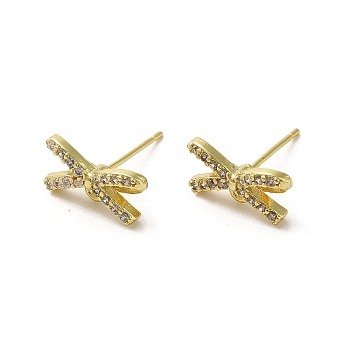 Rack Plating Brass & Cubic Zirconia Stud Earring Findings, Lead Free & Cadmium Free, Long-Lasting Plated, Bowknot, Real 18K Gold Plated, 7x14mm, Hole: 1.4mm, Pin: 12x1mm