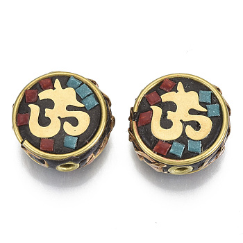 Handmade Indonesia Beads, with Brass Findings, Flat Round with Om Symbol, Golden, Colorful, 16~17x16x6.5mm, Hole: 2mm