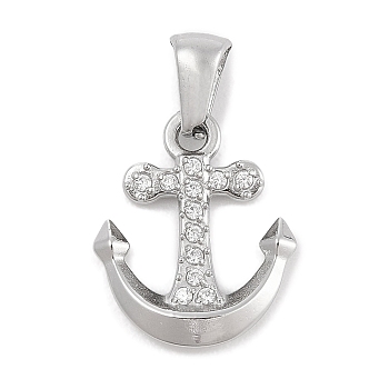 304 Stainless Steel Micro Pave Cubic Zirconia Pendants, Anchor Charm, Stainless Steel Color, 17.5x14.5x3mm, Hole: 3x6mm