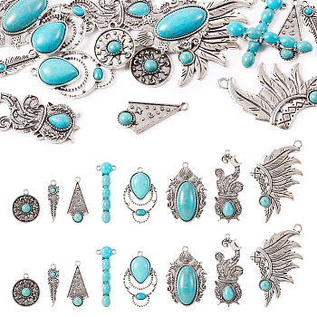 Pandahall 16Pcs 8 Styles Synthetic Turquoise Alloy Pendants, Vintage Charms, Antique Silver, Wing & Cauldron & Teardrop & Feather, Mixed Patterns, 24~58x9~33mm, 2pcs/style