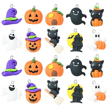40Pcs 10 Styles Opaque Resin Pendants, Halloween Charms, with Platinum Tone Iron Loops, Ghost & Pumpkin & Witch Hat, Mixed Shapes, Mixed Color, 23~25.5x16~22x5~8mm, Hole: 2mm, 4pcs/style