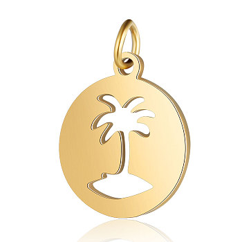 201 Stainless Steel Pendants, Flat Round with Coconut Tree, Golden, 16x13.5x1mm, Hole: 3mm