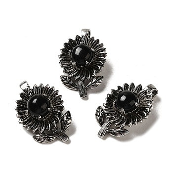 Natural Obsidian Pendants, Rack Plating Antique Silver Tone Brass Flower Charms, Cadmium Free & Lead Free, 34x22x10mm, Hole: 7.5x3.5mm