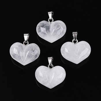 Natural Quartz Crystal Chunky Pendants, Heart Charms, with 304 Stainless Steel Snap on Bails, Stainless Steel Color, 17~18x20~20.5x11~12mm, Hole: 5.5~6x2.5~3.5mm