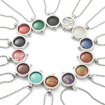 Natural & Synthetic Mixed Gemstone Pendant Necklaces, with Platinum Plated Brass Ball Chains, Flat Round with Aum/Om Symbol, 20.27 inch(51.5cm)