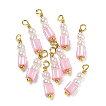 ABS Plastic Imitation Pearl Pendants, with Real 18K Gold Plated Brass Loops and Glass Seed Beads, Pearl Pink, 15.5~16x3.5x3.5mm, Hole: 1.6mm