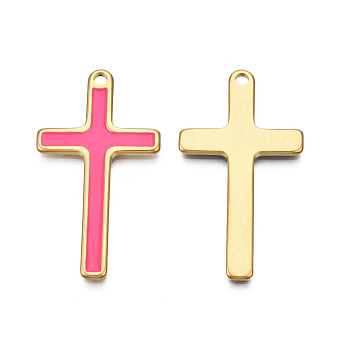 304 Stainless Steel Enamel Pendants, Real 18K Gold Plated, Cross, Hot Pink, 40x22x1.5mm, Hole: 2mm