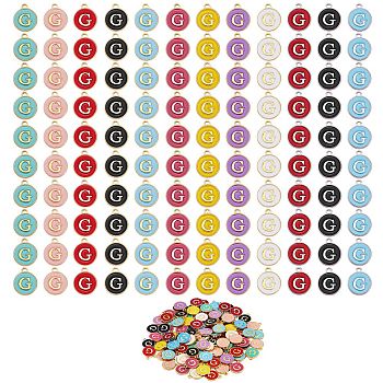 120Pcs 12 Colors Golden Plated Alloy Charms, with Enamel, Enamelled Sequins, Flat Round with Letter, Letter.G, 14x12x2mm, Hole: 1.5mm, 10pcs/color