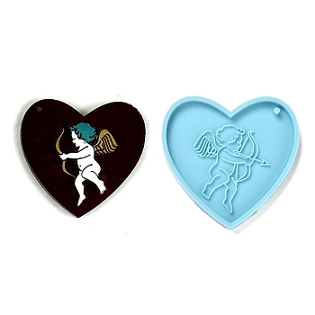 Valentine's Day Theme DIY Pendant Silicone Statue Molds, Resin Casting Molds, For UV Resin, Epoxy Resin Jewelry Making, Heart with Angel Pattern, Deep Sky Blue, 67x70x7mm, Hole: 3mm