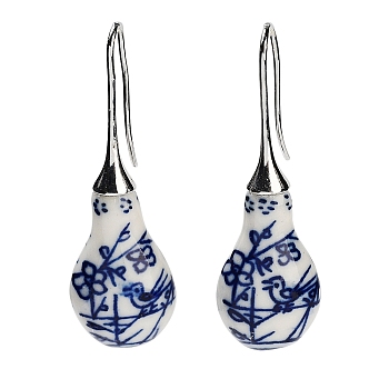 Gourd Porcelain Dangle Earrings, Rack Plating Brass Earrings for Women, Platinum, 50~51x16~17mm