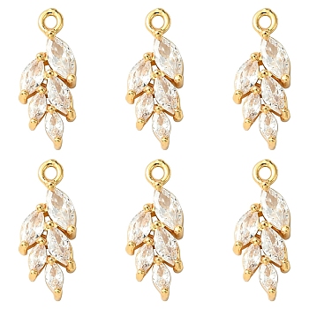 6Pcs Brass Micro Pave Clear Cubic Zirconia Pendants, Leaf Charm, Light Gold, 17x7x3.5mm, Hole: 1.2mm