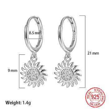 Rhodium Plated 925 Sterling Silver Micro Pave Cubic Zirconia Dangle Hoop Earrings, Sun, Platinum, 21mm