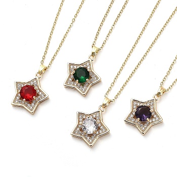 Star Light Gold Brass Micro Pave Cubic Zirconia Pendant Necklaces, with Glass, Mixed Color, 15.98 inch(40.6cm)