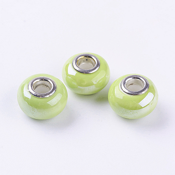 Rondelle Green Yellow Handmade Porcelain Large Hole European Beads, with Silver Color Brass Double Cores, 15x11mm, Hole: 5mm