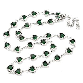 304 Stainless Steel & Glass Heart Link Chain Necklaces, Stainless Steel Color, Green, 16.38 inch(41.6cm)