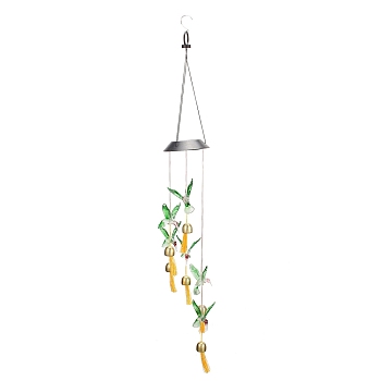LED Solar Powered Hummingbird Wind Chime, Waterproof, with Bell, Resin and Iron Findings, for Outdoor, Garden, Yard, Festival Decoration, Green, 92cm