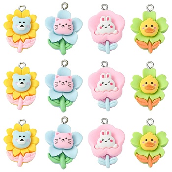 40Pcs 4 Styles Opaque Resin Pendants, Animal Flower Charm, with Platinum Tone Iron Loops, Mixed Color, 25~27.5x18~19.5x7~8.5mm, Hole: 2mm, 10pcs/style