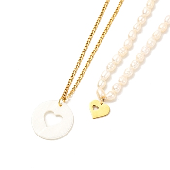 Heart Pendant Necklaces Set for Girl Women, Natural Pearl Beads Necklaces, 304 Stainless Steel Curb Chain Necklaces, Golden, White, 18.07 inch(45.9cm), 15.31 inch(38.9cm), 2pcs/set