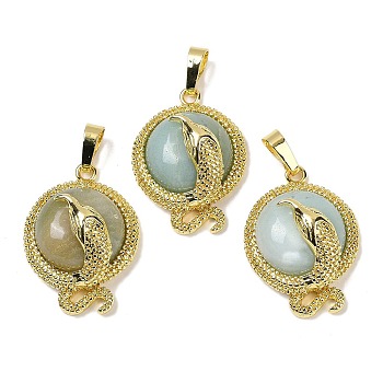 Natural Flower Amazonite Flat Round Shaped Brass Pendants, Rack Plating, Cadmium Free & Lead Free, Golden, 29.5x21.5x9.5~11mm, Hole: 7.5x4.5mm