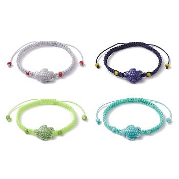 4Pcs 4 Color Porcelain Tortoise Braided Bead Bracelets Set, Nylon Adjustable Stackable Bracelets, Mixed Color, Inner Diameter: 2~2-7/8 inch(5~7.3cm), 1Pc/color