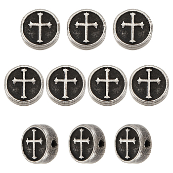 10Pcs 304 Stainless Steel Beads, Flat Round with Cross, Antique Silver, 11x4.5mm, Hole: 2mm