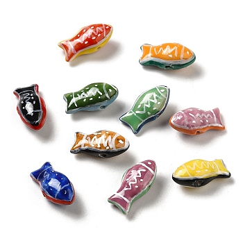 Handmade Printed Porcelain Beads, Famille Rose Porcelain, Fish, Mixed Color, 11x21.5~22x9mm, Hole: 1.5~1.8mm